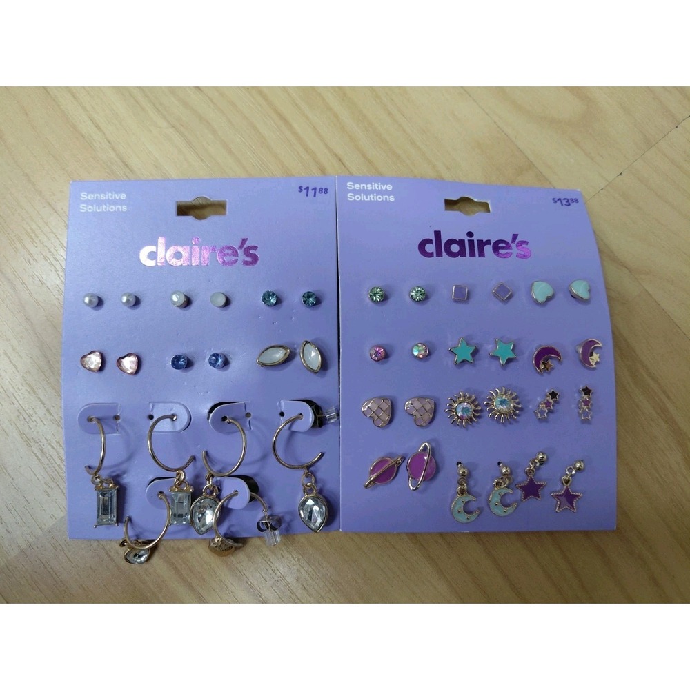 HUGE Lot Claire's Earrings Studs‎ Hoops 24 pairs Sensitive Solutions NWT